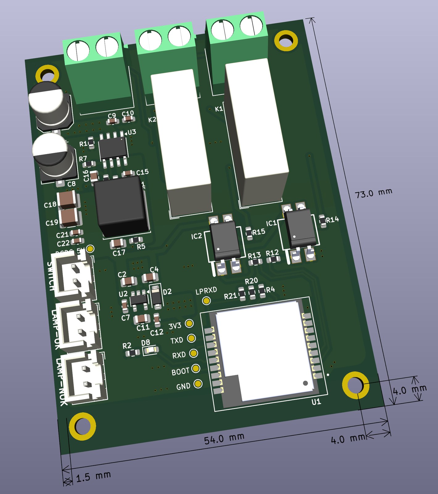 KiCad 3D render of the Lora Rx Mini BPC